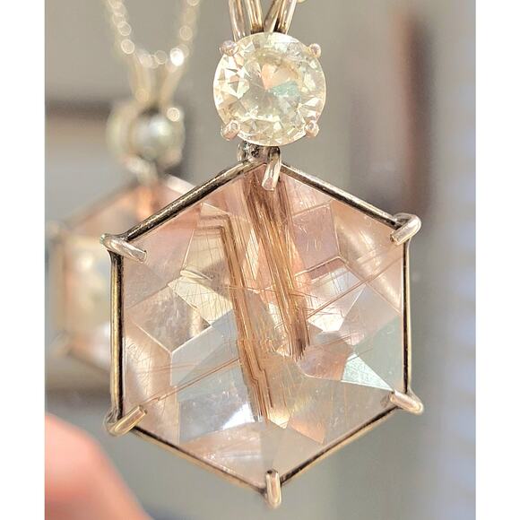 Large Gold  Rutilated Quartz Spiritual Hex Necklace Sterling Plus 2nd Crystal - Picture 8 of 11